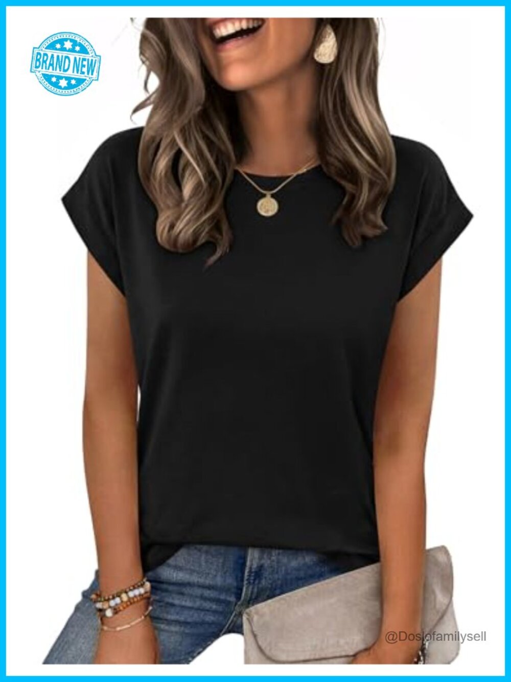Womens Top Cap Sleeve Crew Neck T-Shirt Polyester Blend Business Casual